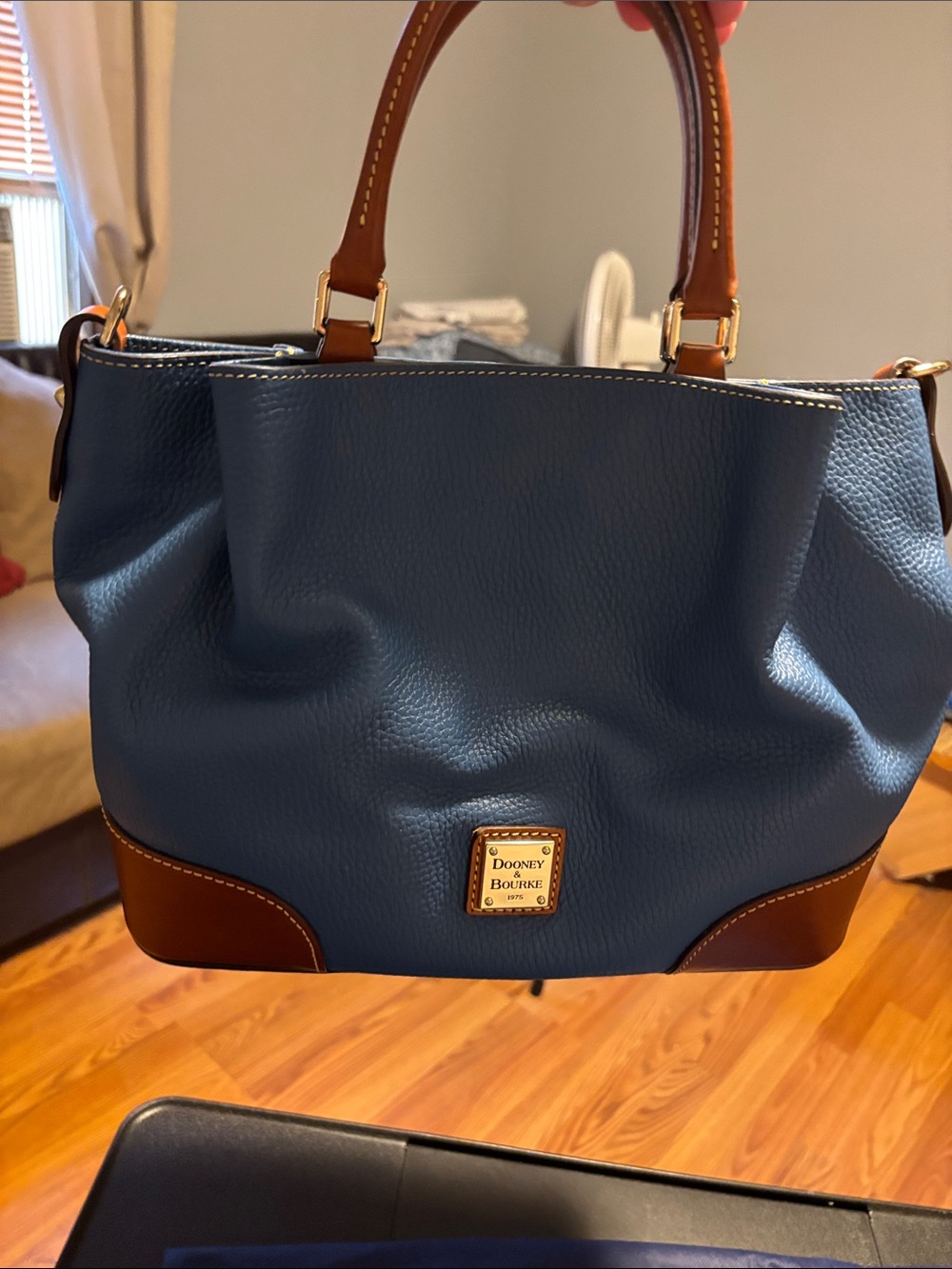 Dooney & Bourke Blue Pebbled Leather Satchel with Brown Trim and Wristlet - Picture 6 of 16